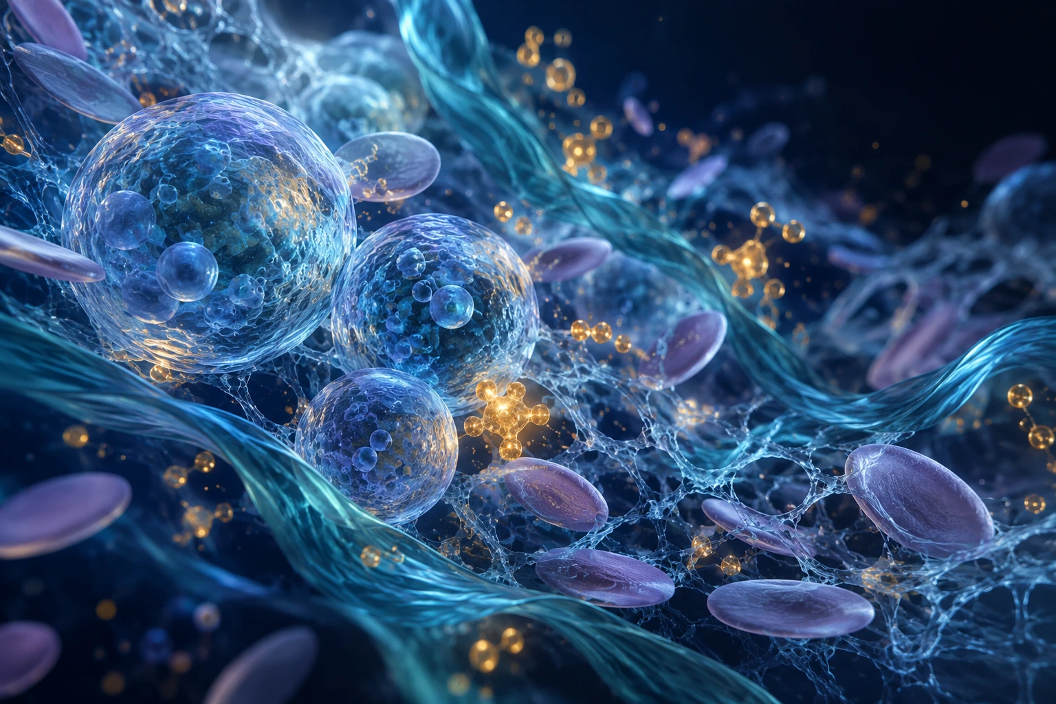 Illustration of vesicles, platelets and proteins within the plasma environment
